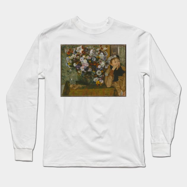 A Woman Seated beside a Vase of Flowers Long Sleeve T-Shirt by EdgarDegas